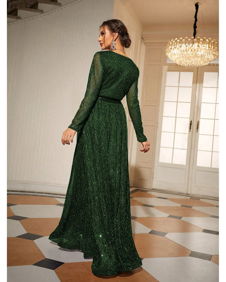 Eliza™ | Sukienka Gali w Głębokiej Zieleni – Cekiny i Długie Rękawy