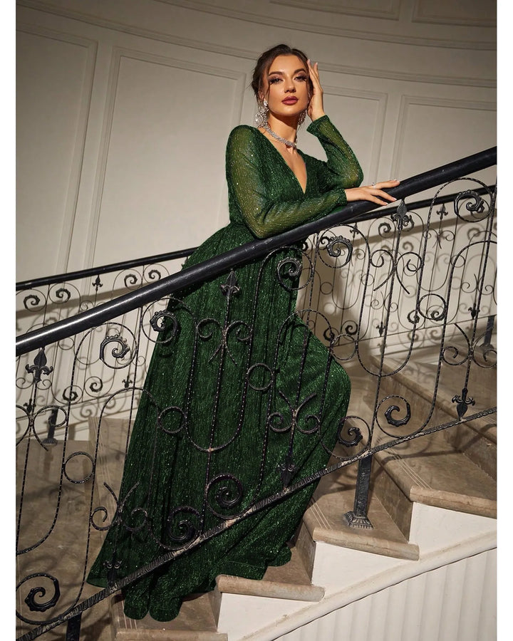 Eliza™ | Sukienka Gali w Głębokiej Zieleni – Cekiny i Długie Rękawy