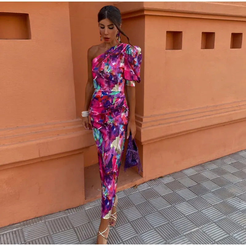 Yllana™ | Midi Sukienka Damska z Odkrytym Ramieniem Fioletowa - Eliza-Warszawa