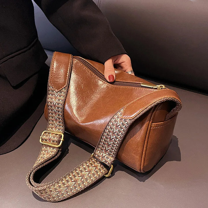 Trine™ | Vintage Skórzana Torebka Crossbody z Woven Paskiem Regulowanym