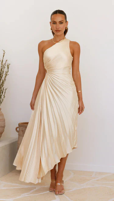 Sylviana - Jedno-ramienne plisowane midi sukienka