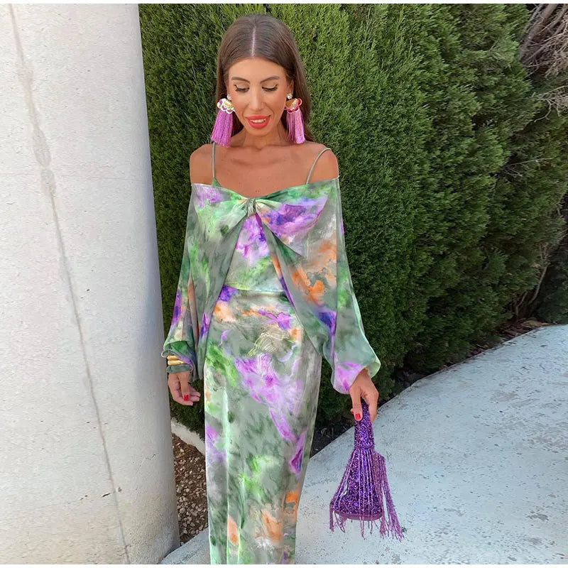 Anisten™ | Stylowa Maxi Sukienka z Halo-Dye-Print i odpinanym szalem - Eliza-Warszawa