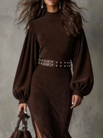 Elaina | Długa Sukienka z Półwysokim Kołnierzem