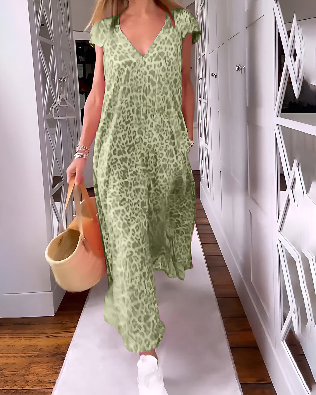 Weronika™ | Długa sukienka z printem i krótkim rękawem - Eliza-Warszawa