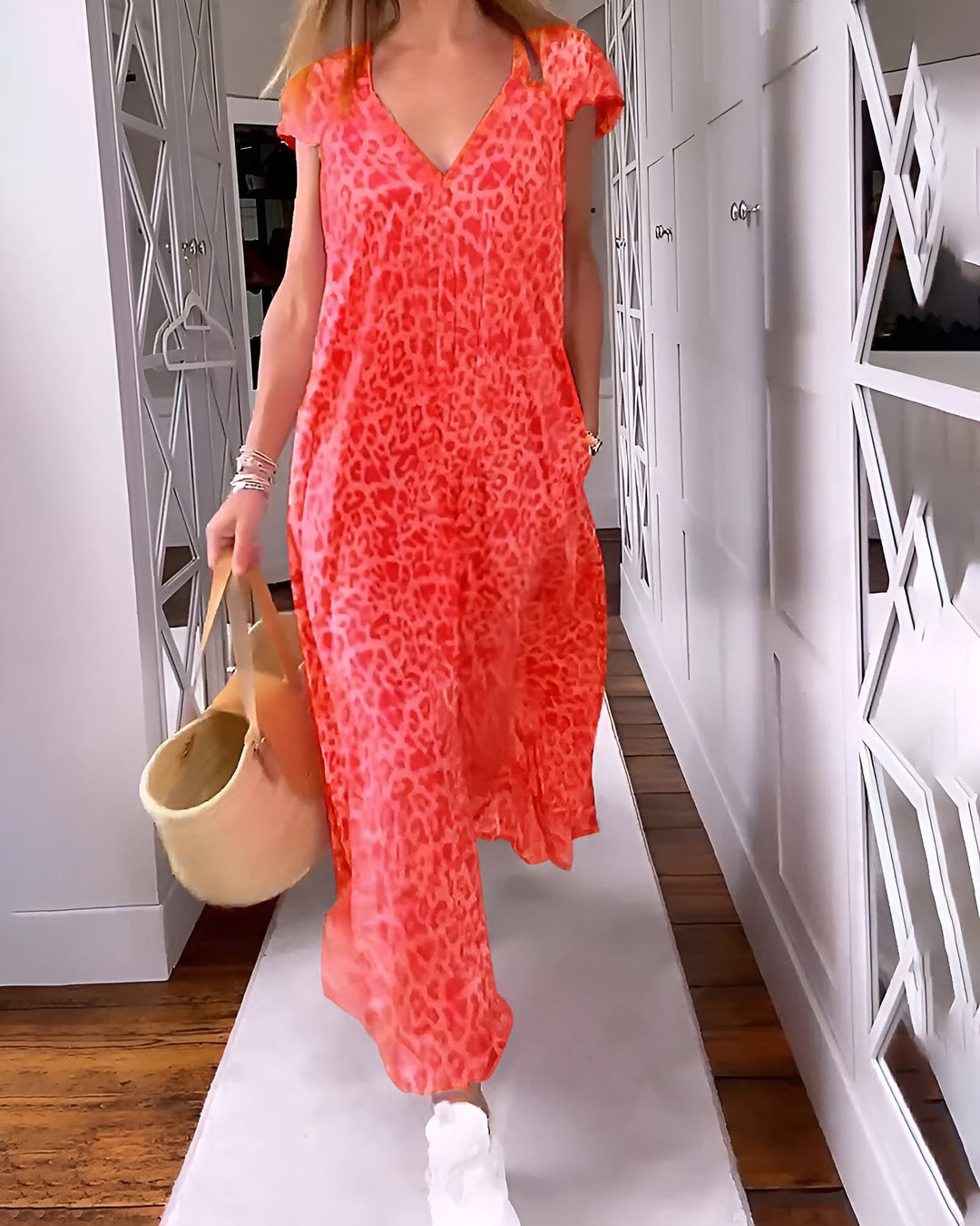 Weronika™ | Długa sukienka z printem i krótkim rękawem - Eliza-Warszawa